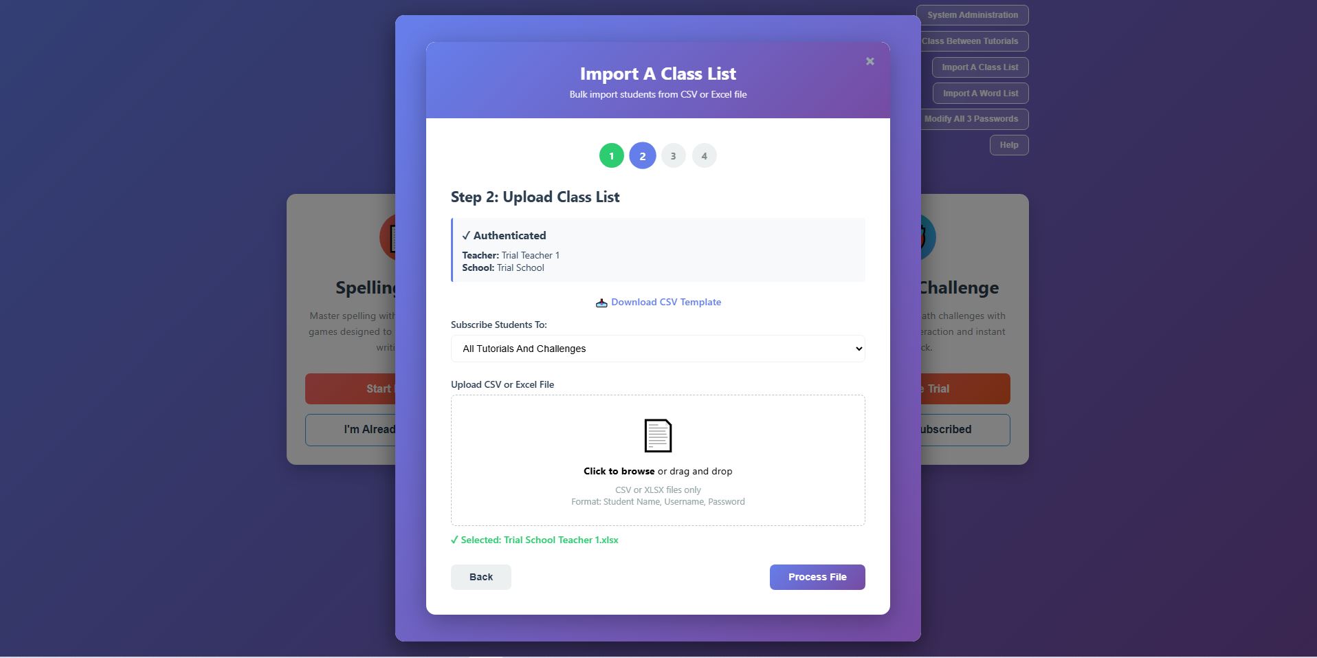 Import Class form filled in