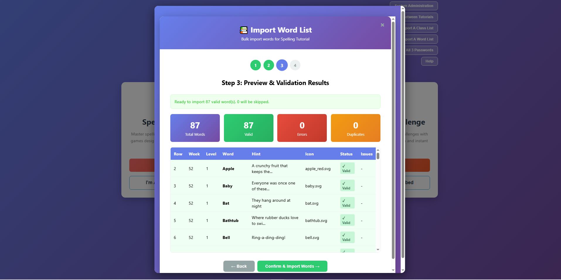 Validation of Import Word List